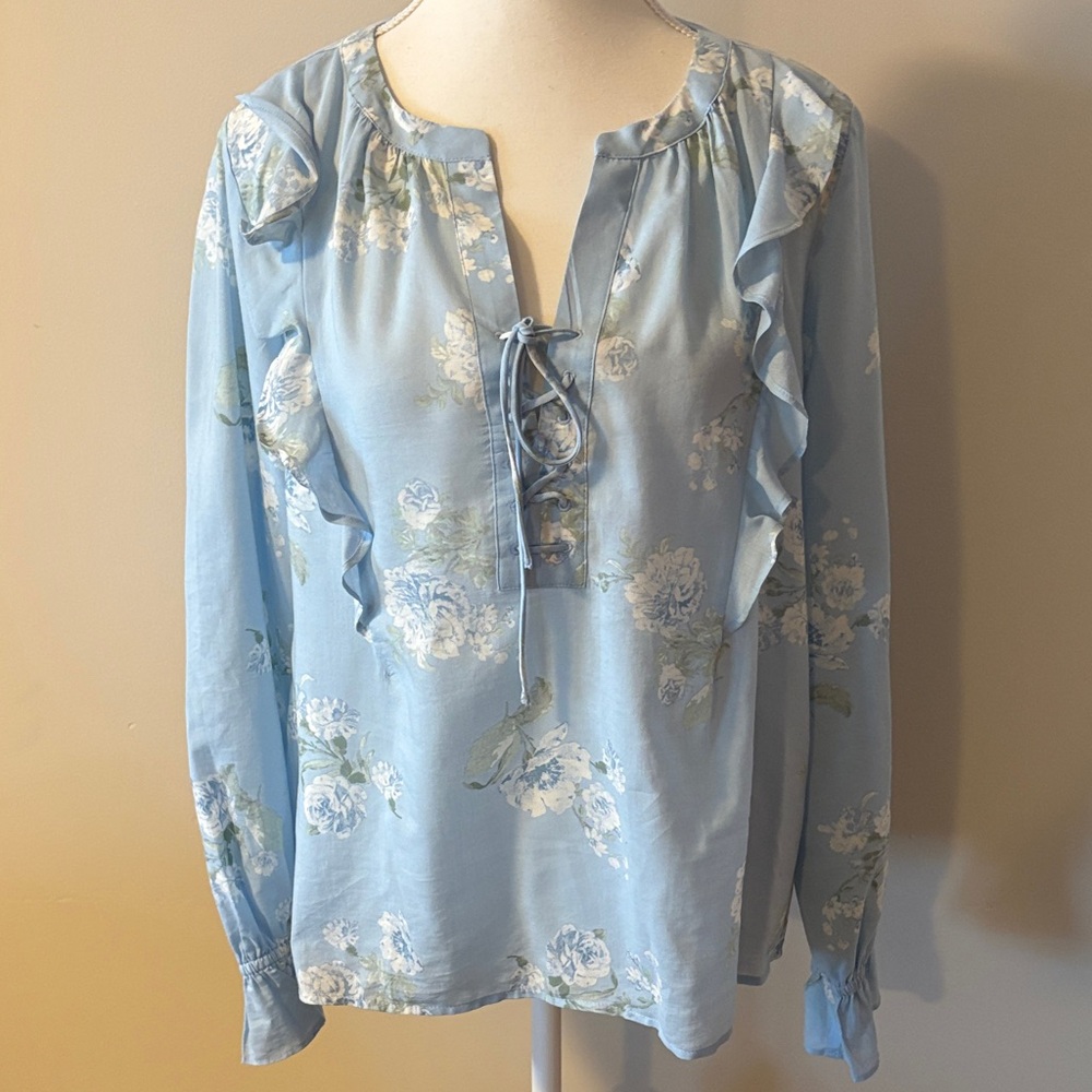 Loft Cotton Blend Cottage Floral Blue Lace up Long Sleeve Ruffle Top. Size M